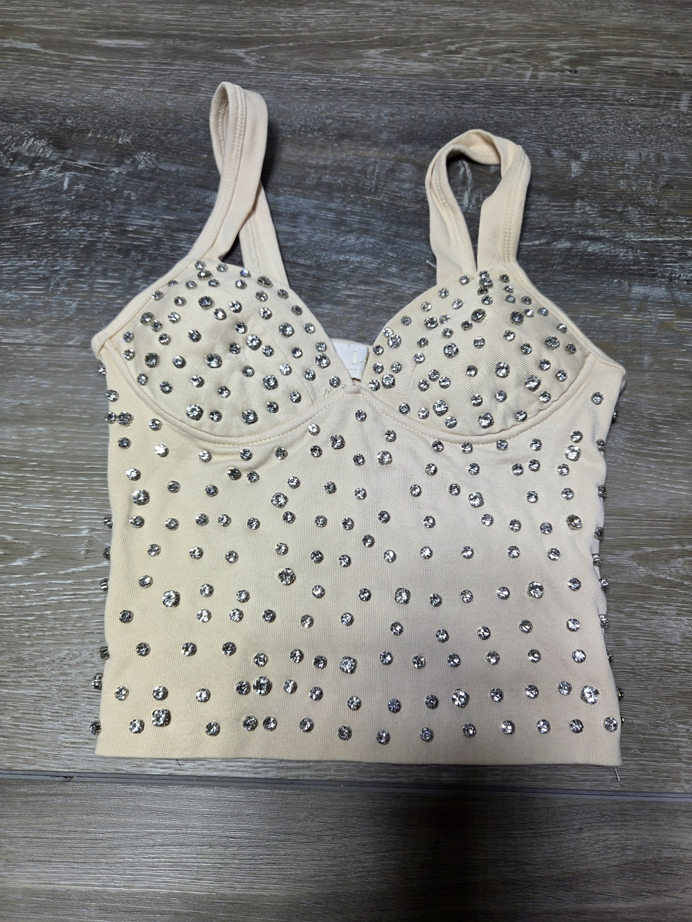 Lizette Collection Rhinestone Built-In Bra Cami Tank Top Women's S Beige